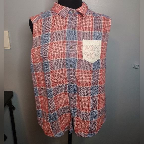 Ruffhewn Size Petite Large Sleeveless Button-down Plaid Top And Lace Back - Picture 1 of 9